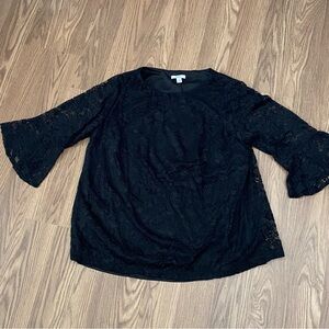 Croft and Barrow Blouse Woman’s Size 1W Black Lined Lace Sheer Bell Sleeve